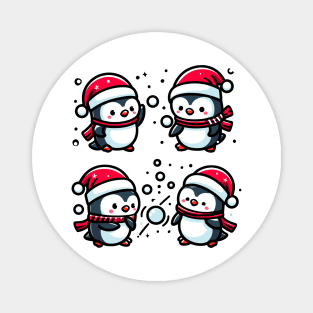 Adorable Cute Penguin Santa Hat Winter Snowball Fight Magnet